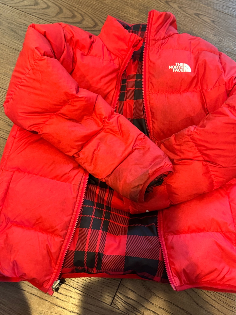 The North Face Kids Red Quilted Puffer Jacket with Plaid Lining